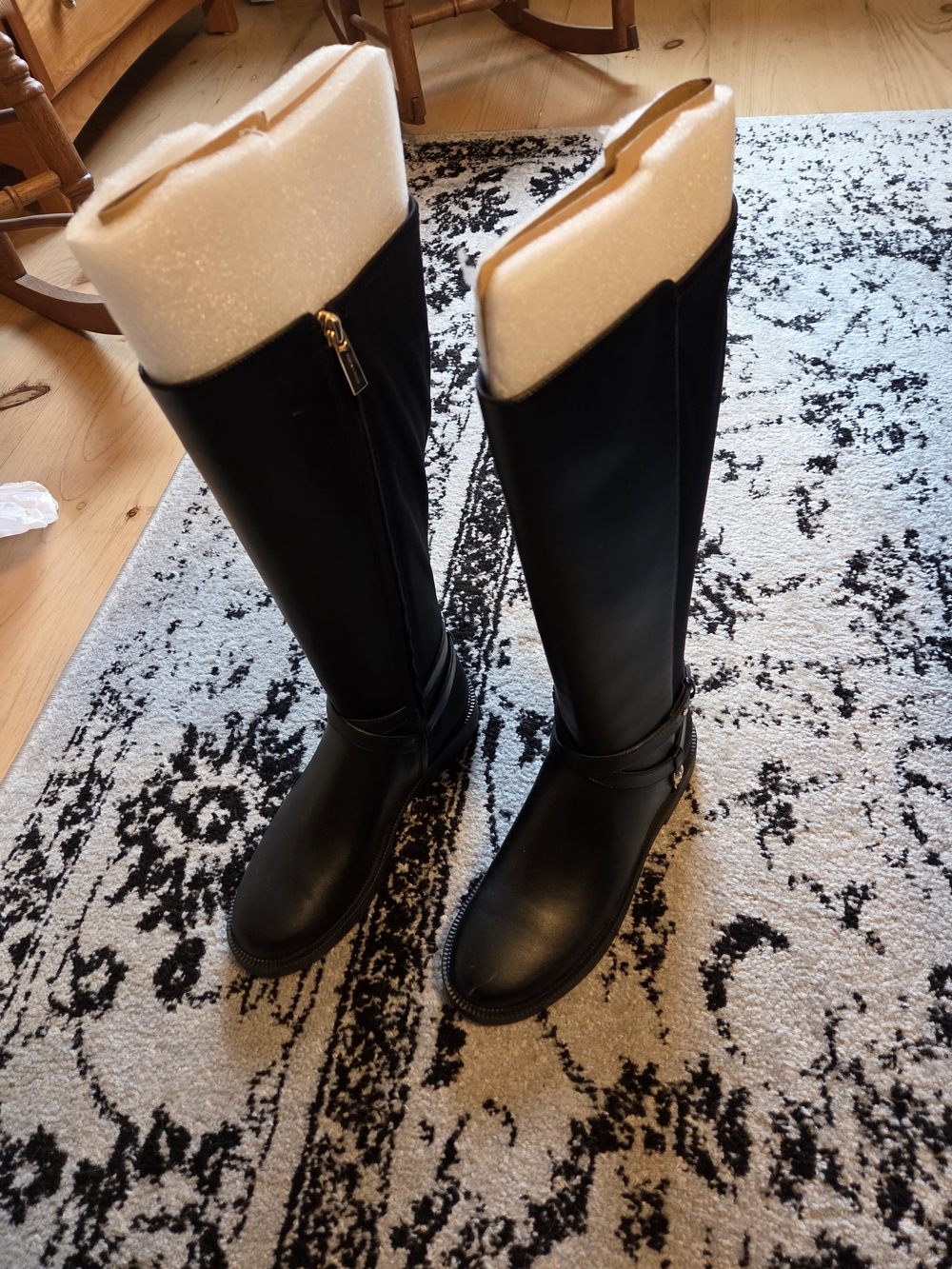 Michael Kors Black Leather Knee-High Heeled Boots with Buckle Detail